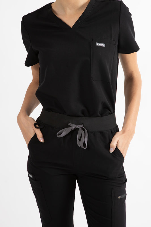 SUPER-SOFT CHEST-POCKETS WOMEN'S SCRUB TOP (BLACK)