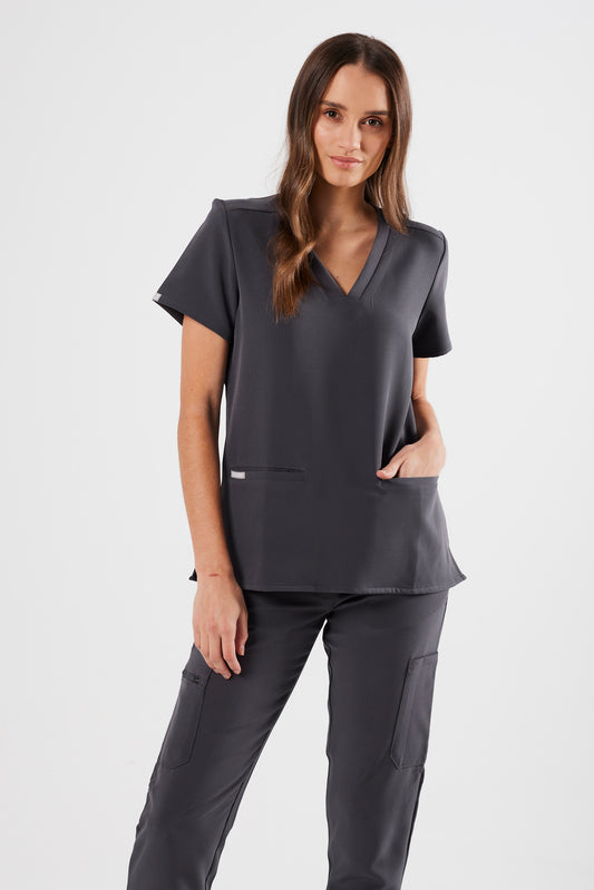 FLEX TWO-POCKET WOMEN'S SCRUB TOP (PEWTER GREY)