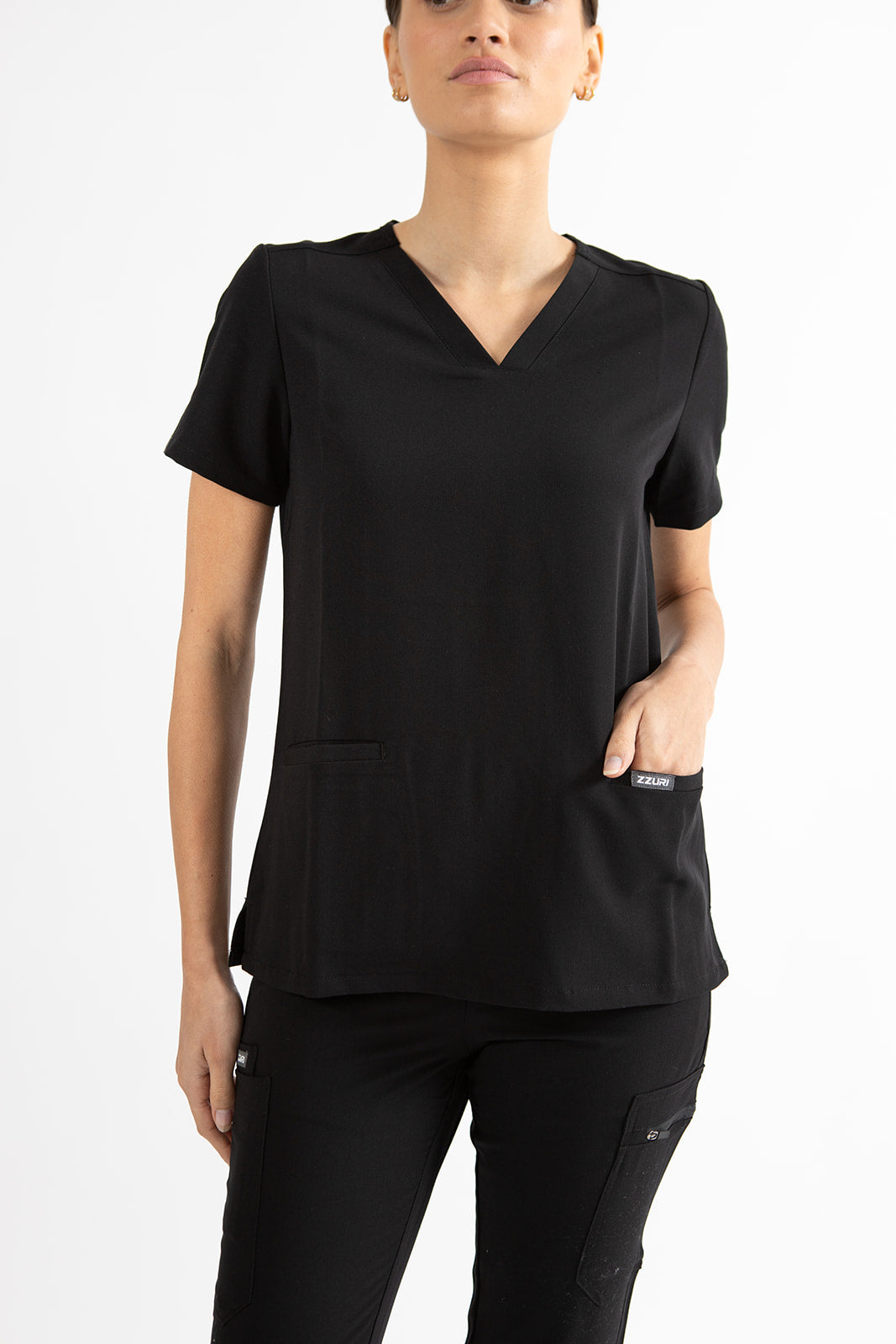 SUPER-SOFT THREE POCKET WOMEN'S SCRUB TOP (BLACK)