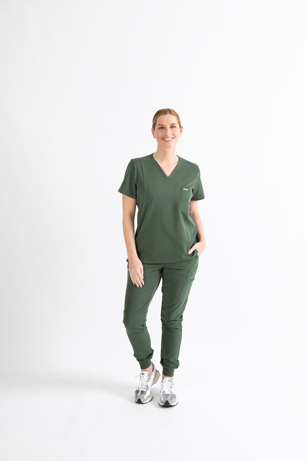 SUPER-SOFT CHEST-POCKETS WOMEN'S SCRUB TOP (KHAKI GREEN)