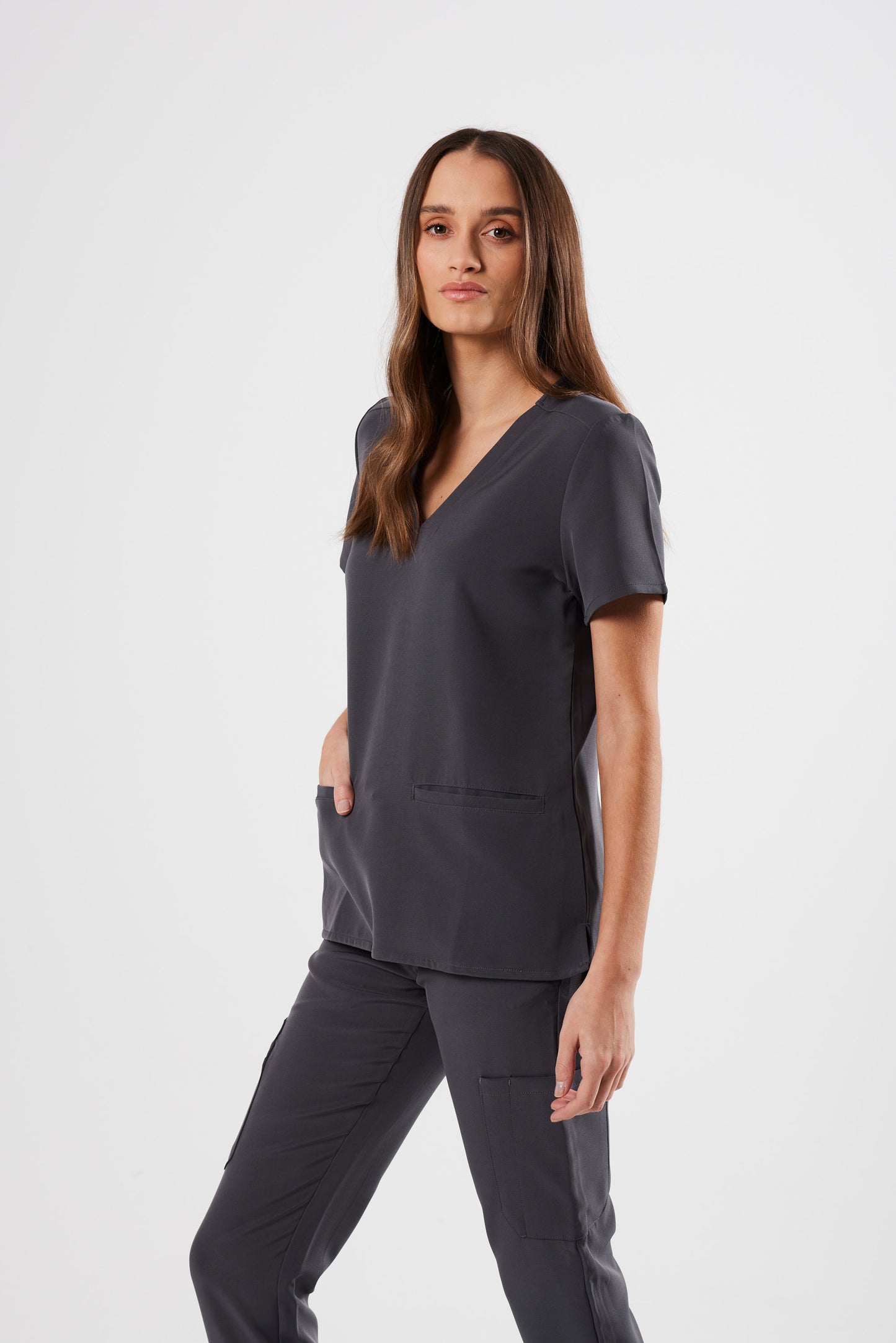 FLEX TWO-POCKET WOMEN'S SCRUB TOP (PEWTER GREY)